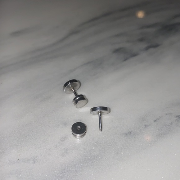 Unisex Silver Black Stud Earrings - Picture 2 of 3
